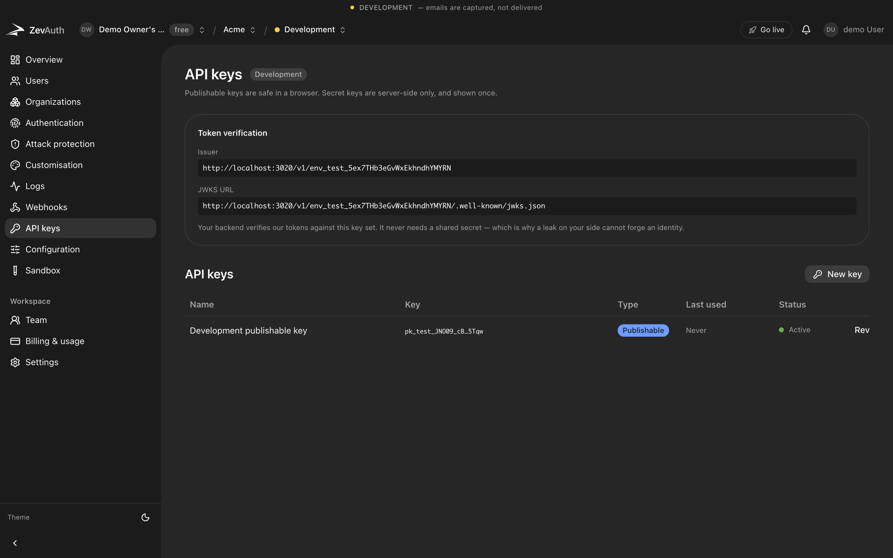 Per-environment issuer and JWKS URL on the ZevAuth API keys screen