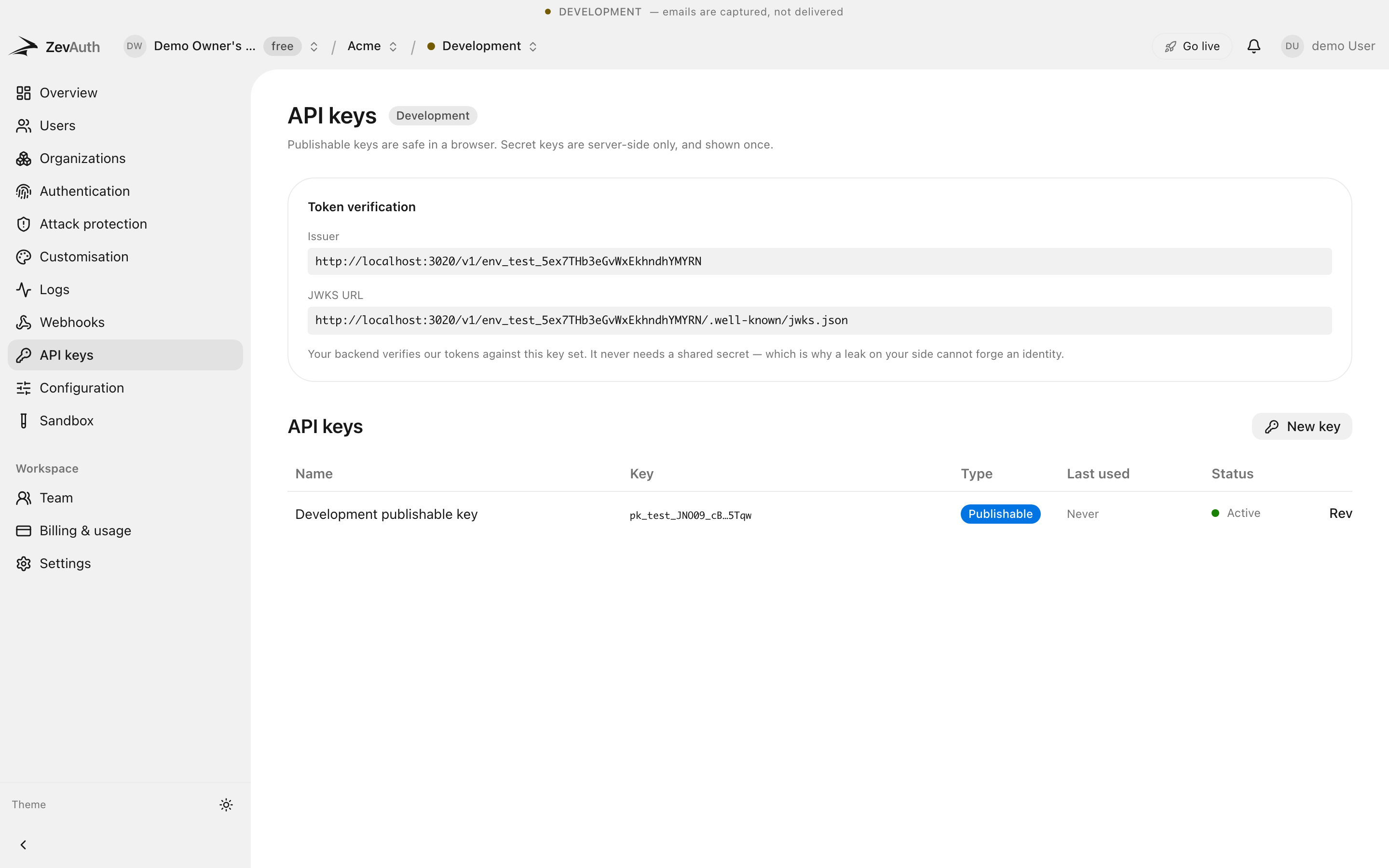 Per-environment issuer and JWKS URL on the ZevAuth API keys screen