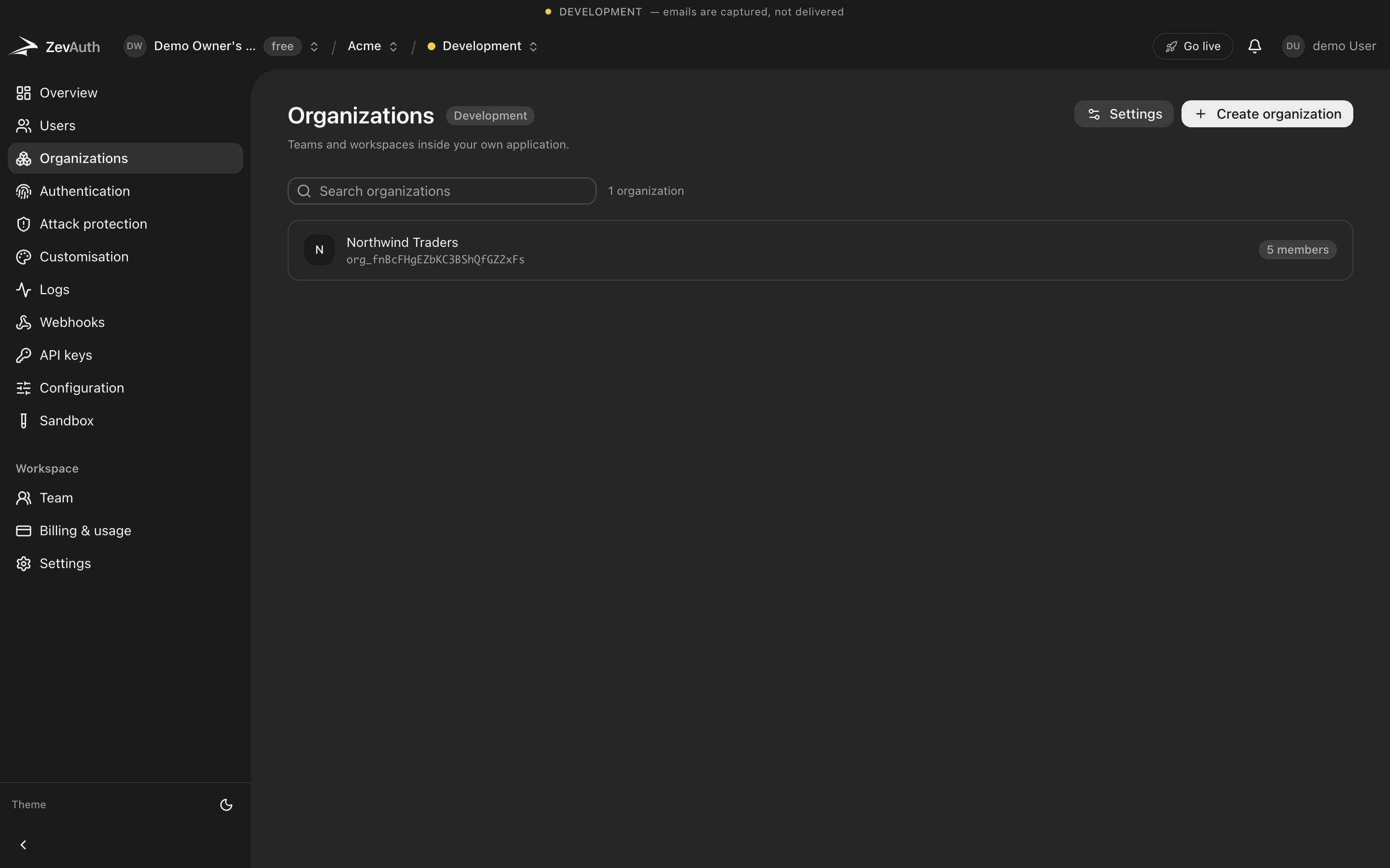 The organizations screen with members and roles