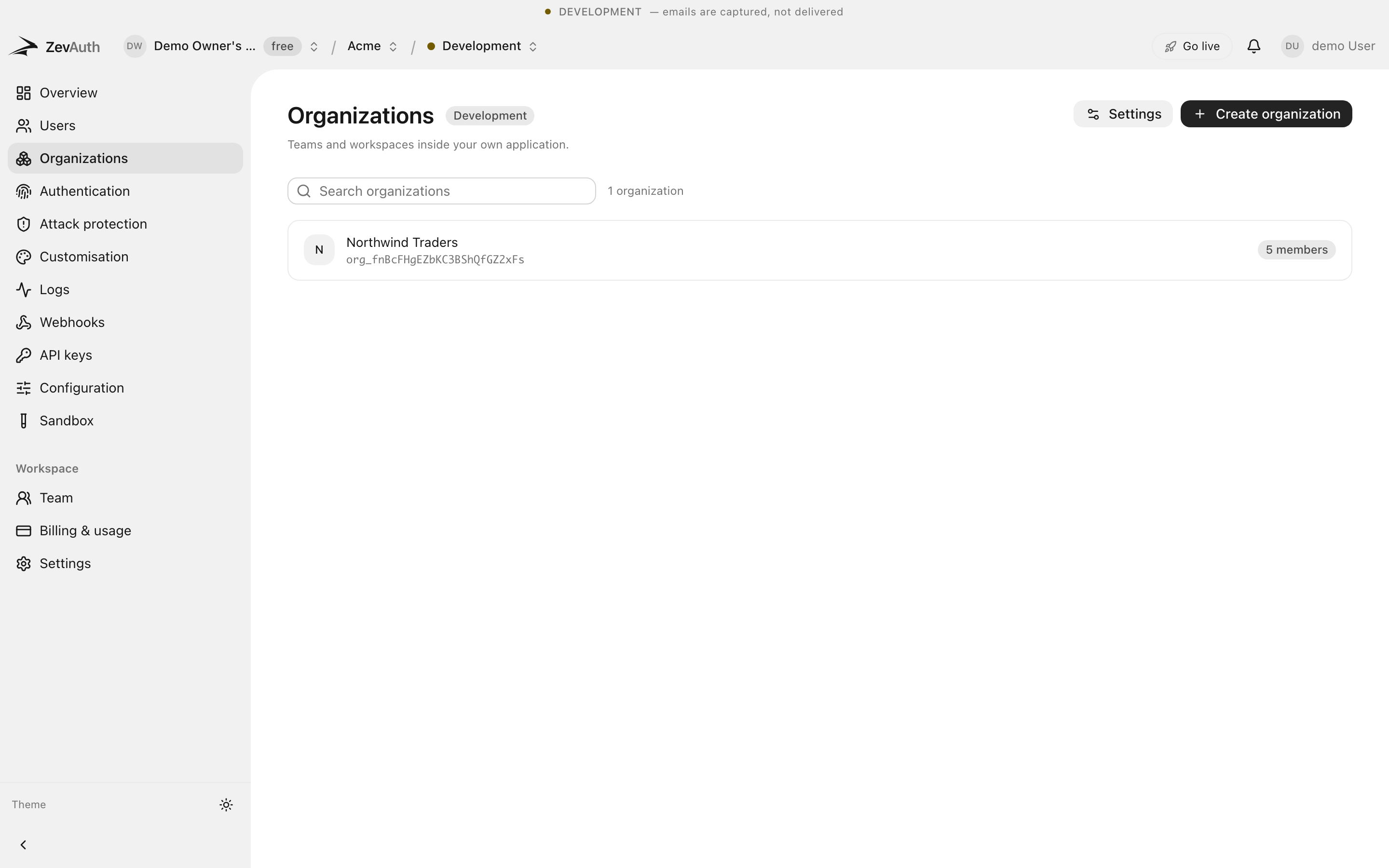 The organizations screen with members and roles