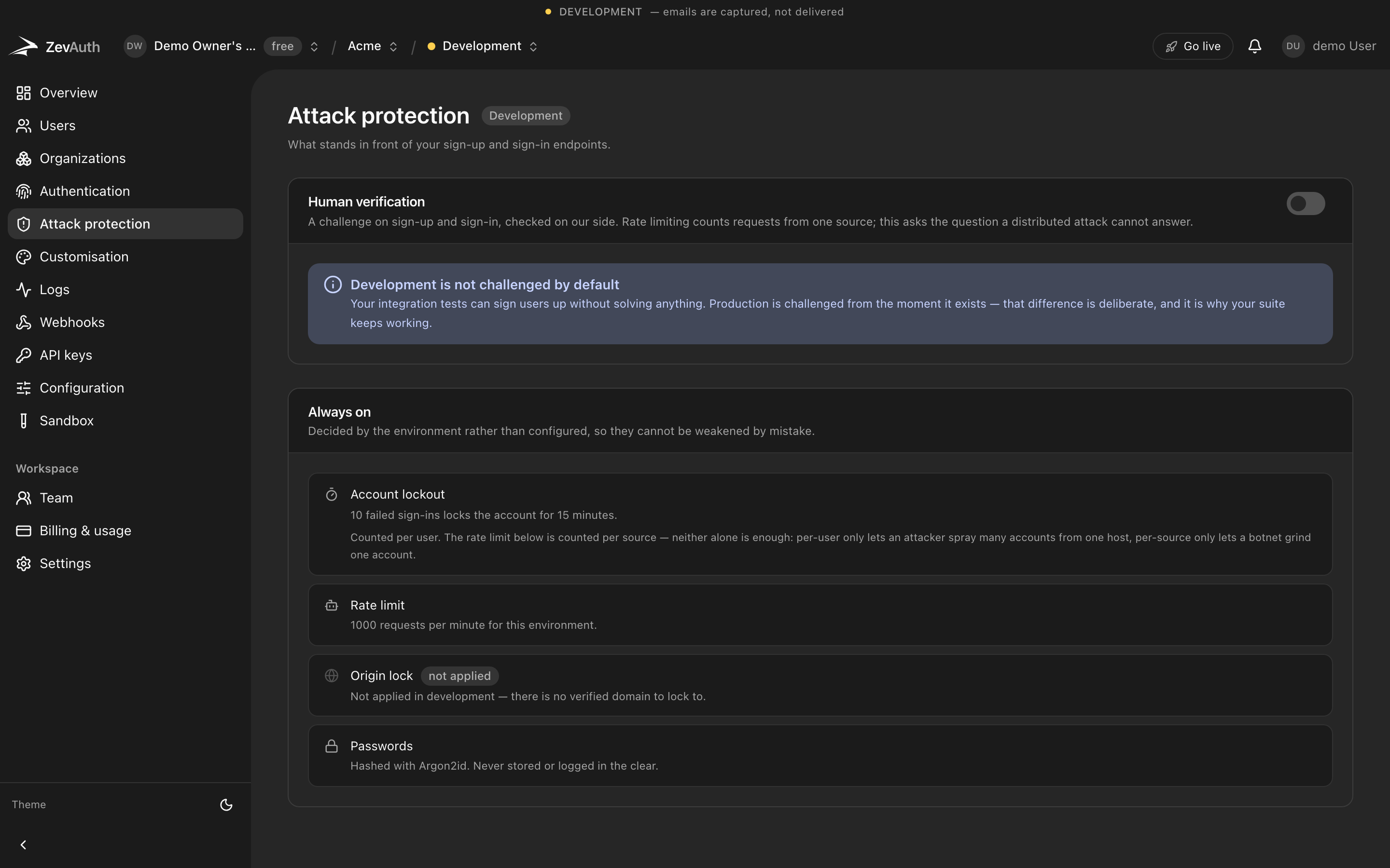The attack protection settings