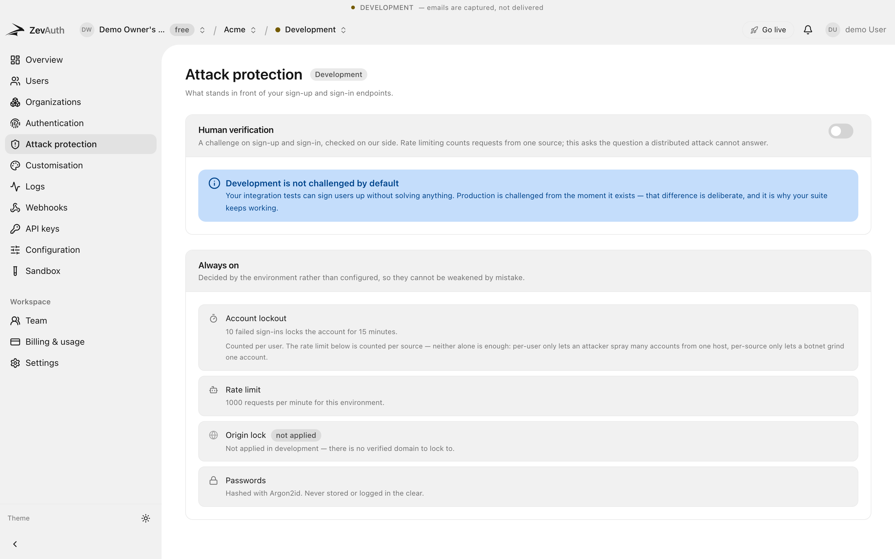 The attack protection settings