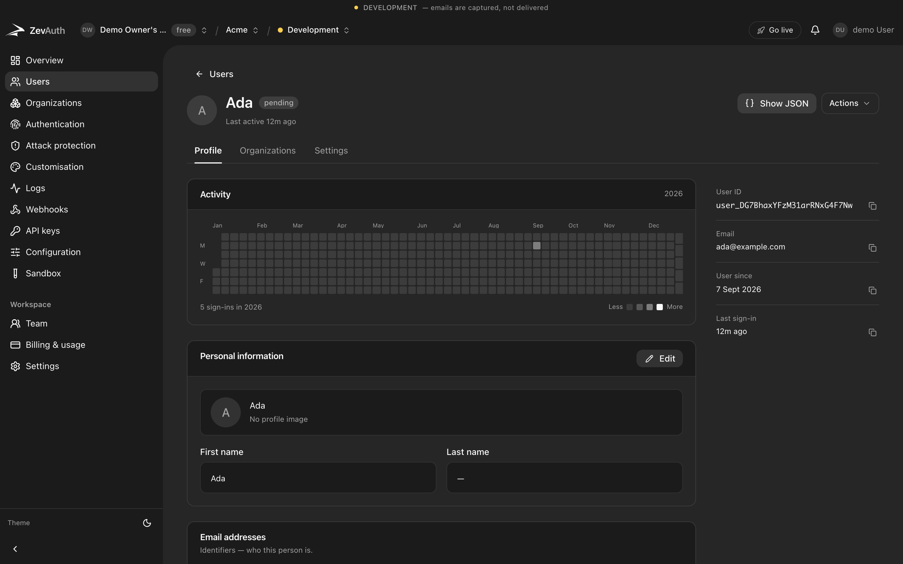 A user detail page with active sessions