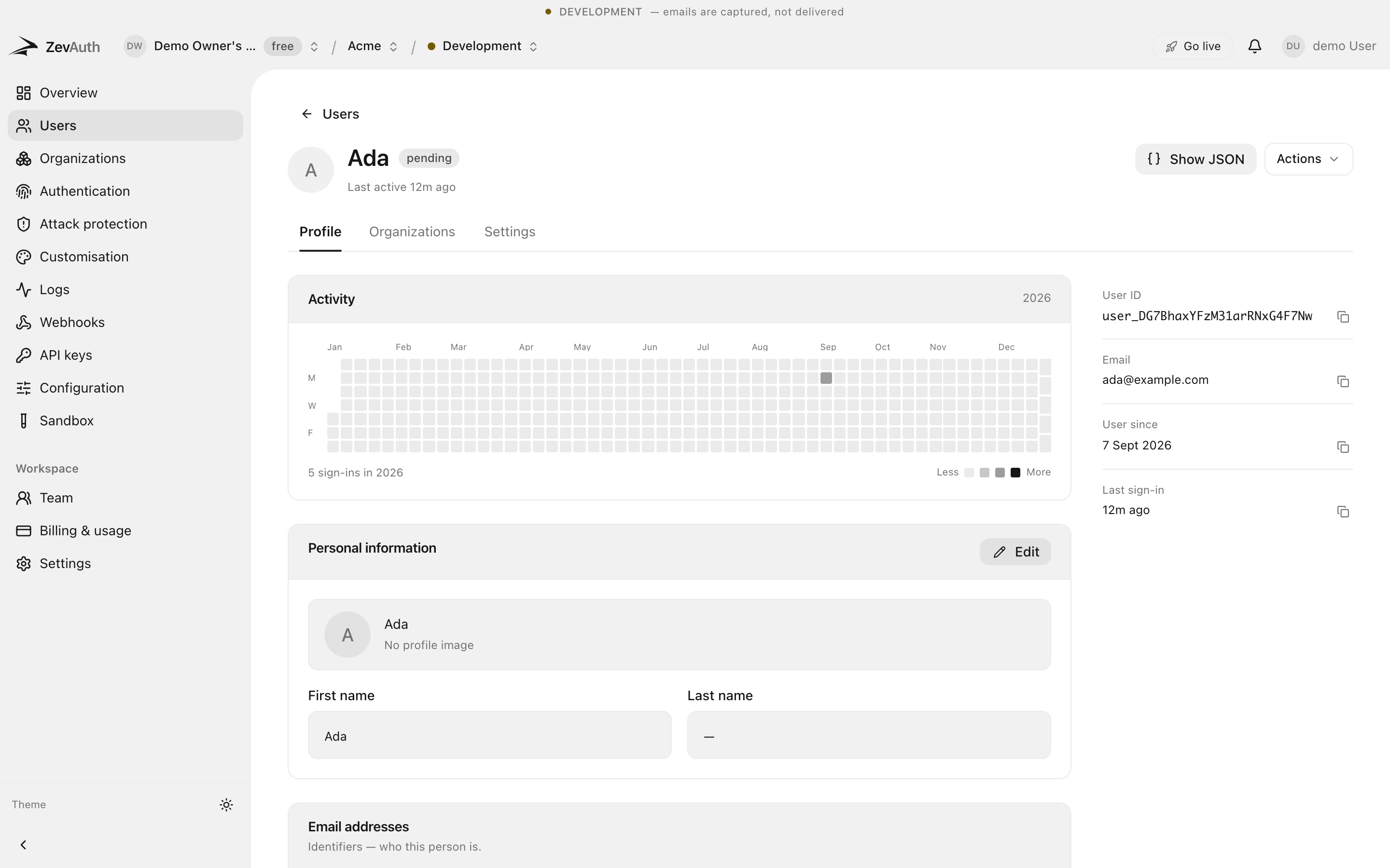 A user detail page with active sessions